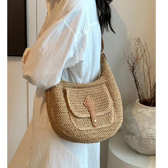 Boho Straw Lightweight High Capacity Pocket Shoulder Crossbody Bag - Picture 3 of 8